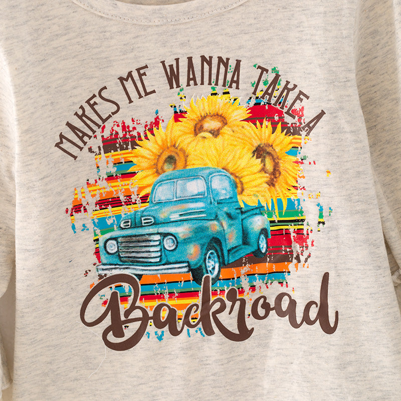 (In Stock L32-4-3)Girls Sunflower Print Denim Set