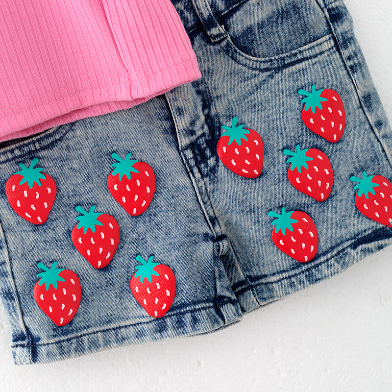 (In Stock)Girls Spring and Summer Berry Sassy Print Denim Set