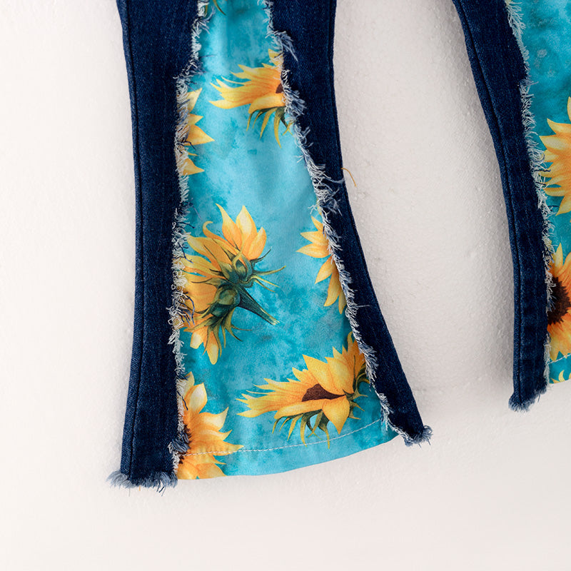 (In Stock L32-4-3)Girls Sunflower Print Denim Set