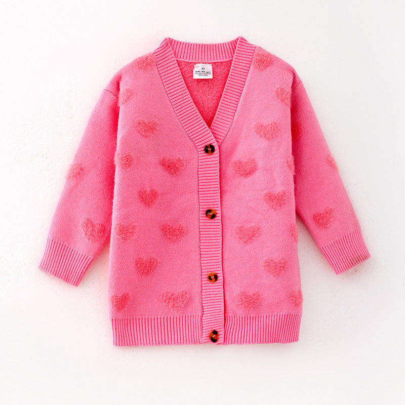 (In Stock)Girls Valentine's Day Love Plush Jacquard Sweater Cardigan
