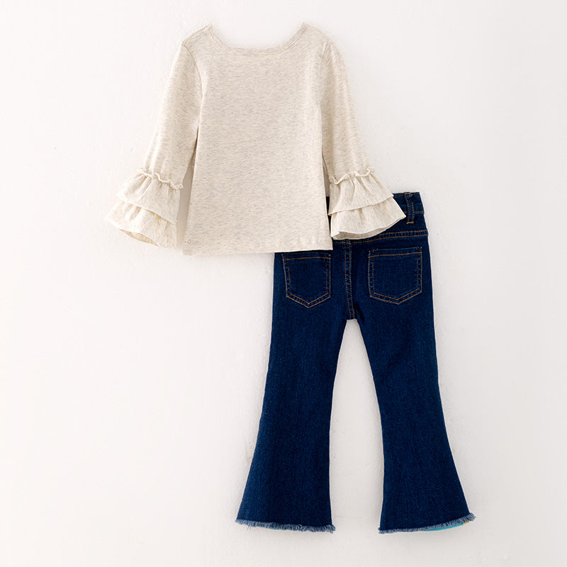 (In Stock L32-4-3)Girls Sunflower Print Denim Set