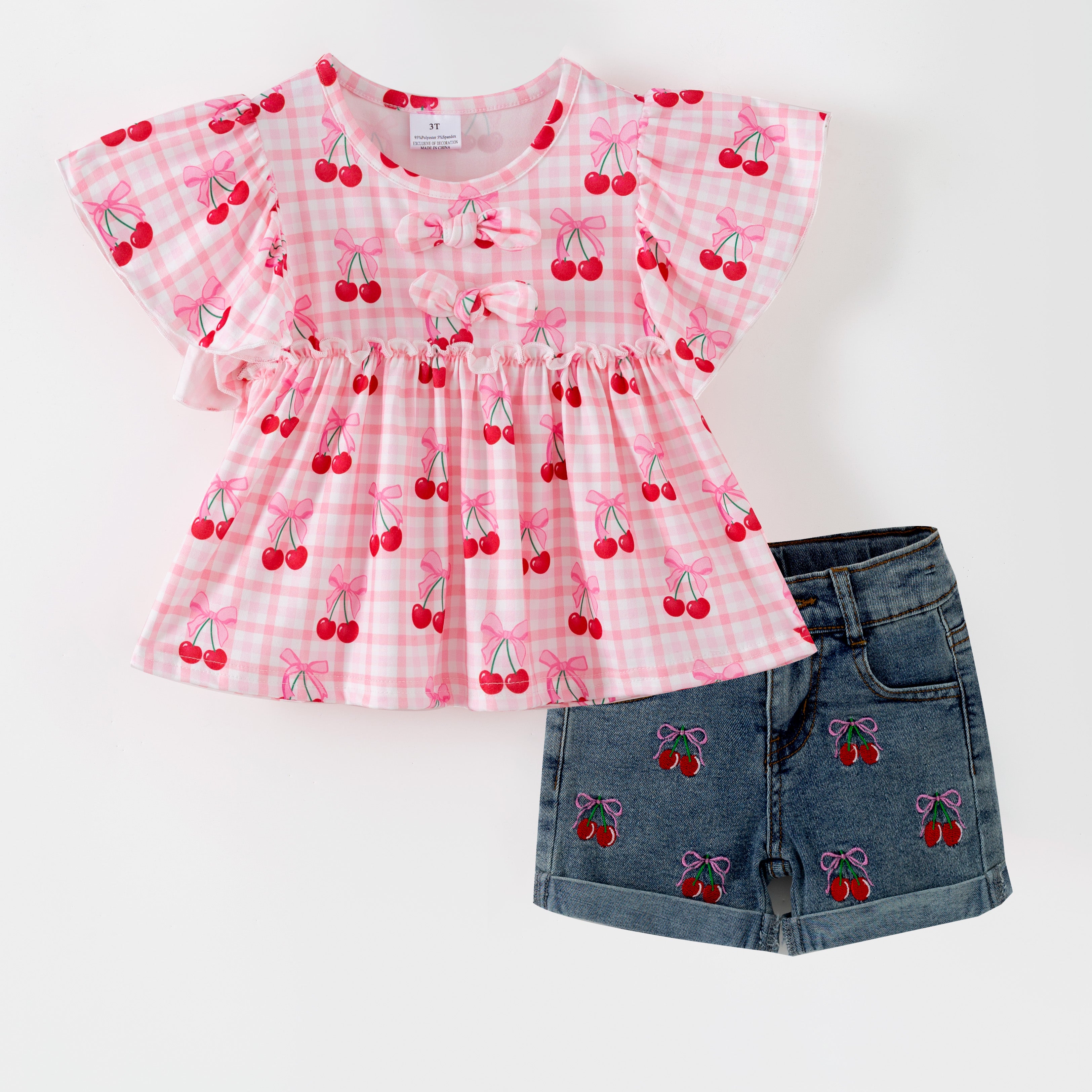 (In Stock)Girls Spring&Summer Cherry Print Denim Shorts Set