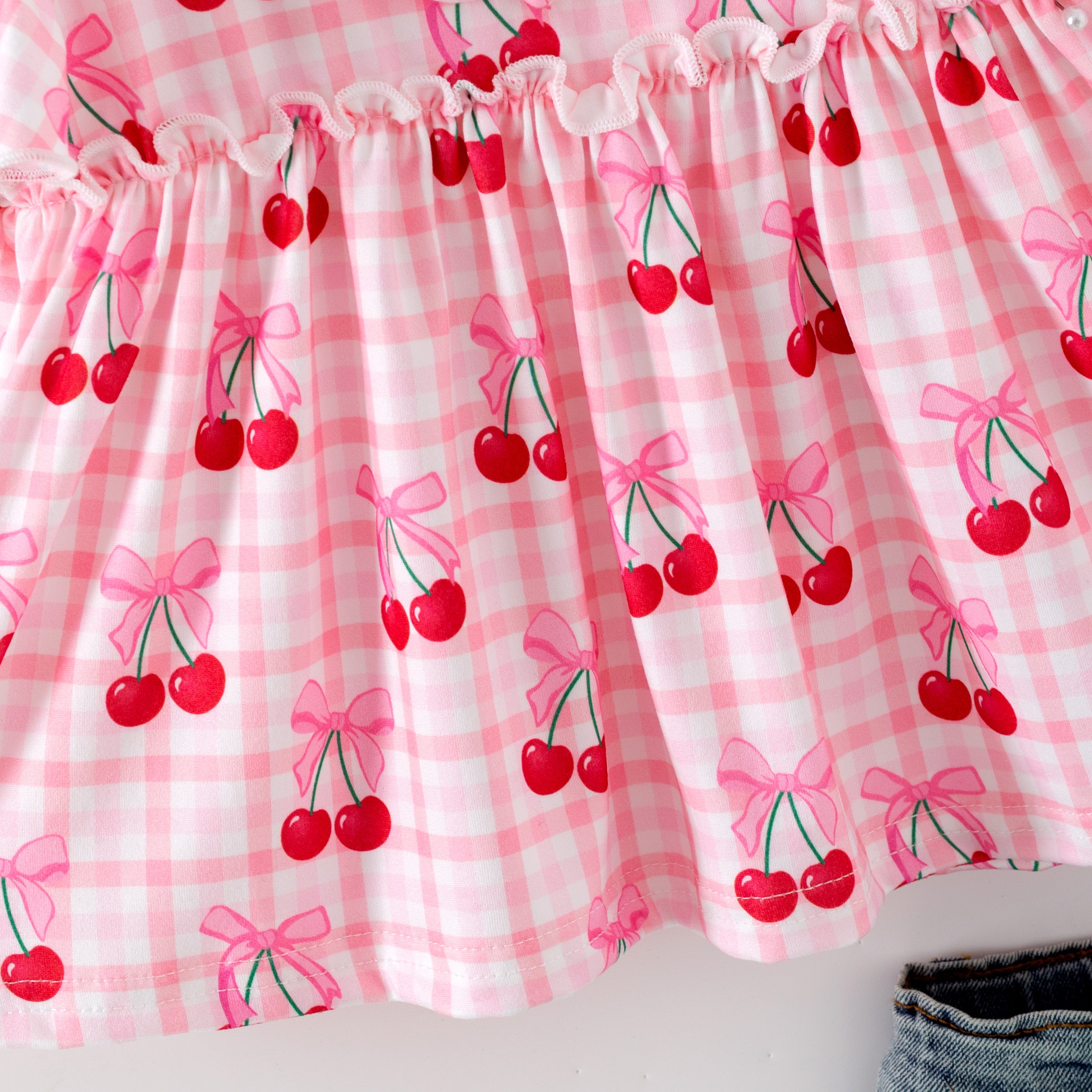 (In Stock)Girls Spring&Summer Cherry Print Denim Shorts Set