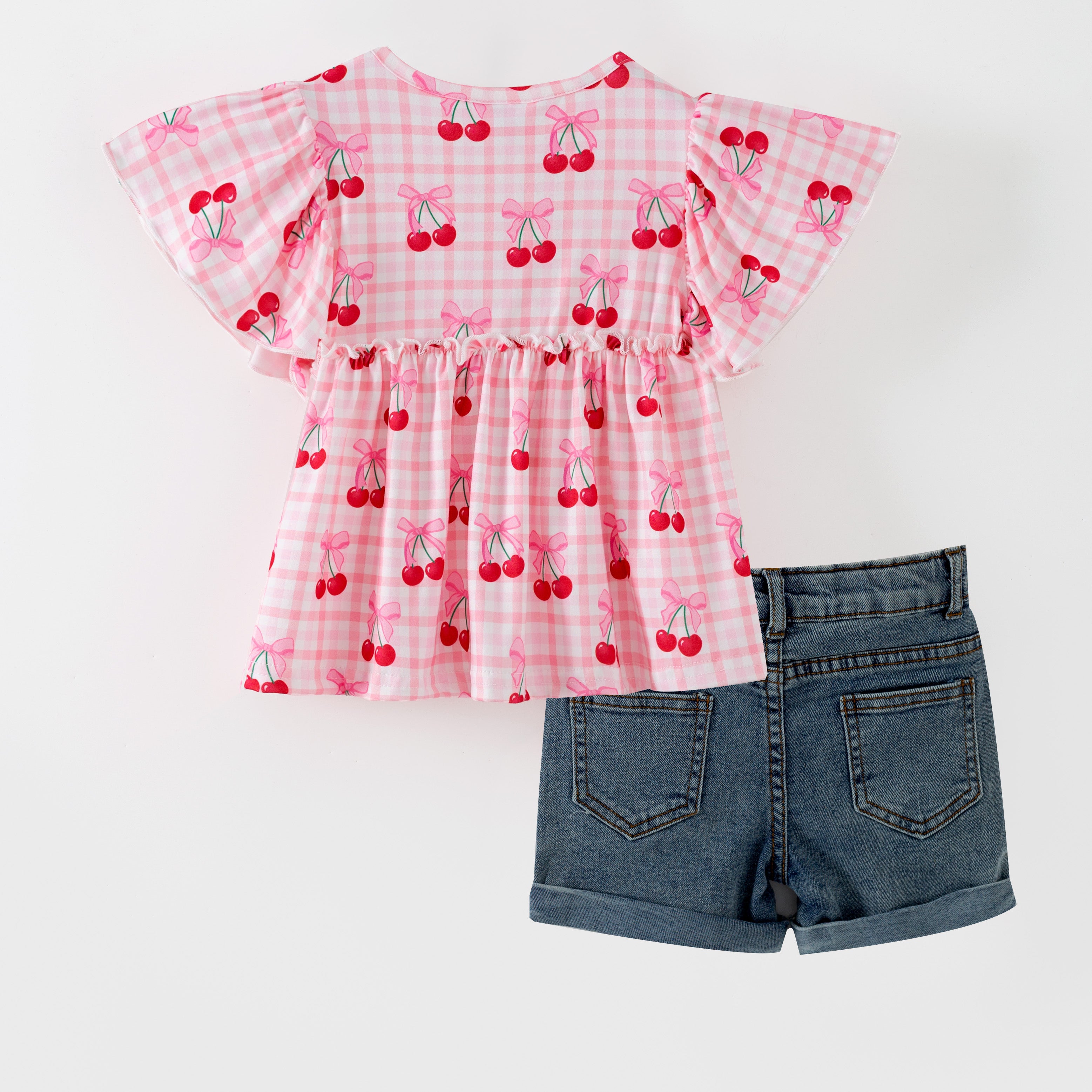 (In Stock)Girls Spring&Summer Cherry Print Denim Shorts Set