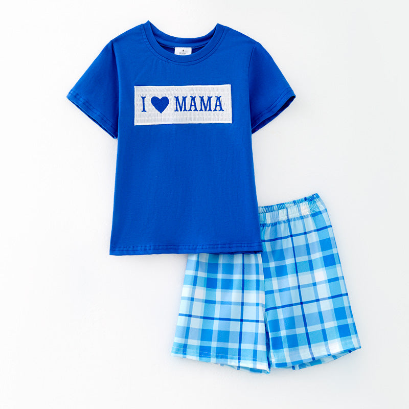 (In Stock)Boys Spring and Summer I ♥ MAMA Embroidery Smocked Shorts Set