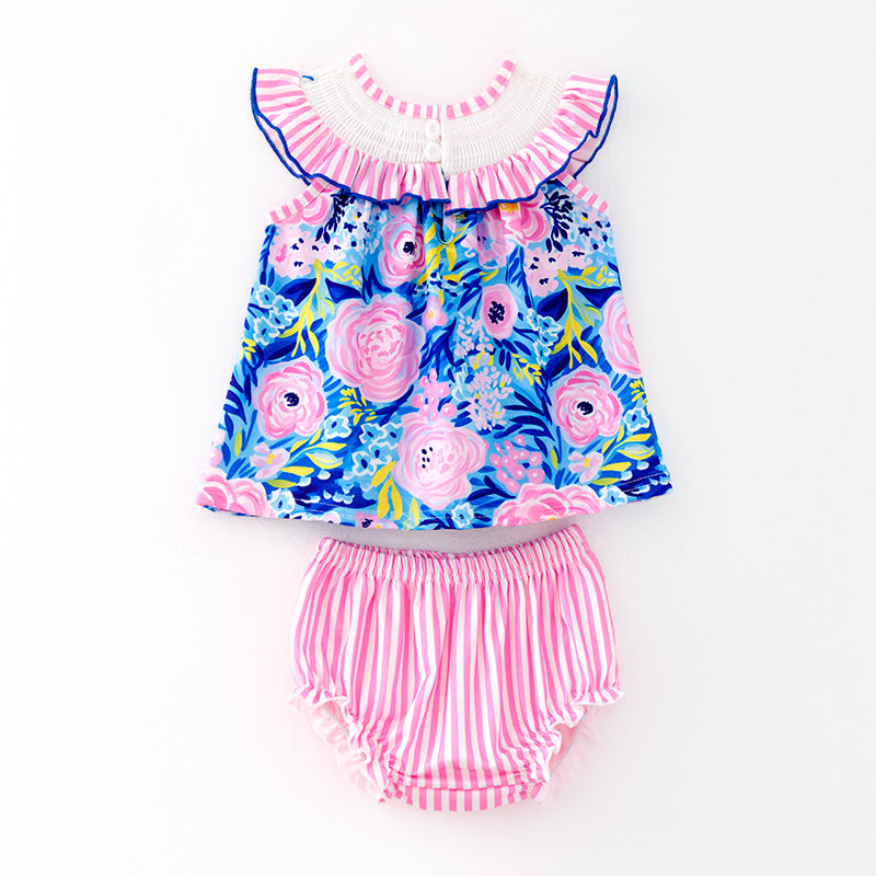 (In Stock)Toddler Girls Spring and Summer I ♥ MAMA Embroidery Smocked Bloomer Set