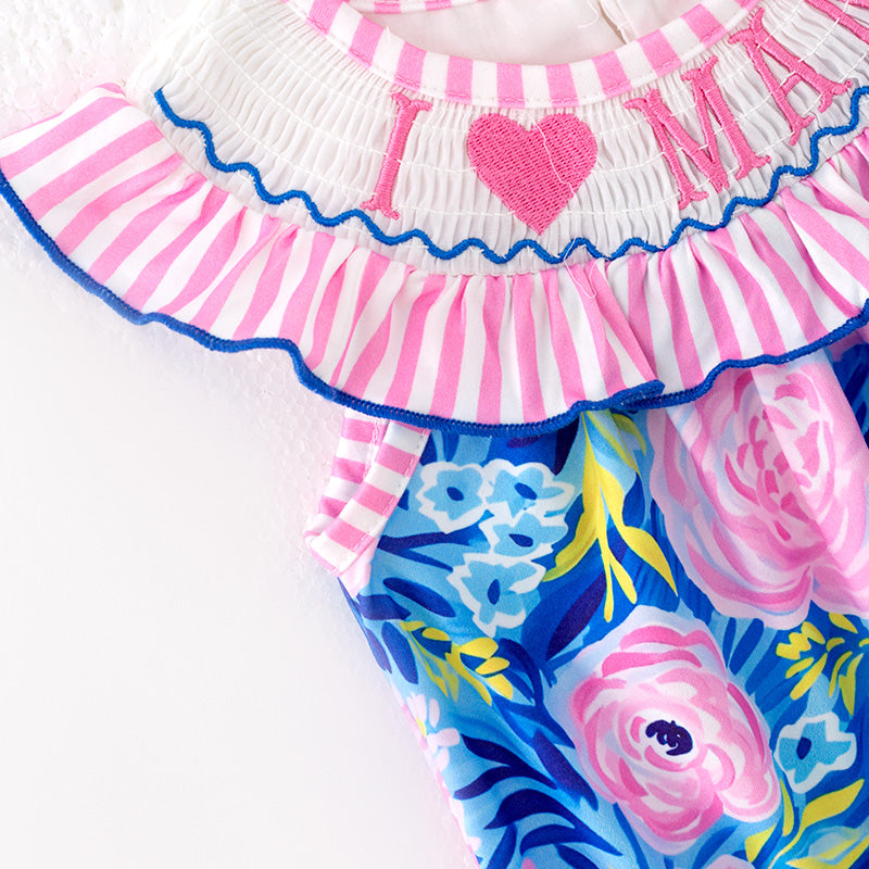 (In Stock)Toddler Girls Spring and Summer I ♥ MAMA Embroidery Smocked Romper