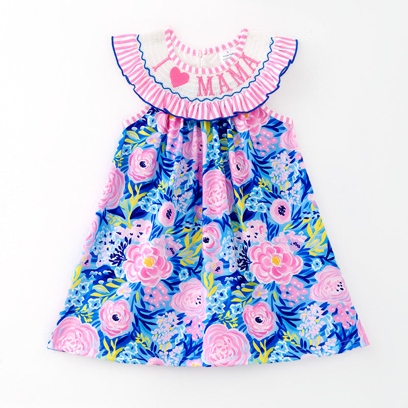 (In Stock)Girls Spring and Summer I ♥ MAMA Embroidery Smocked Dress