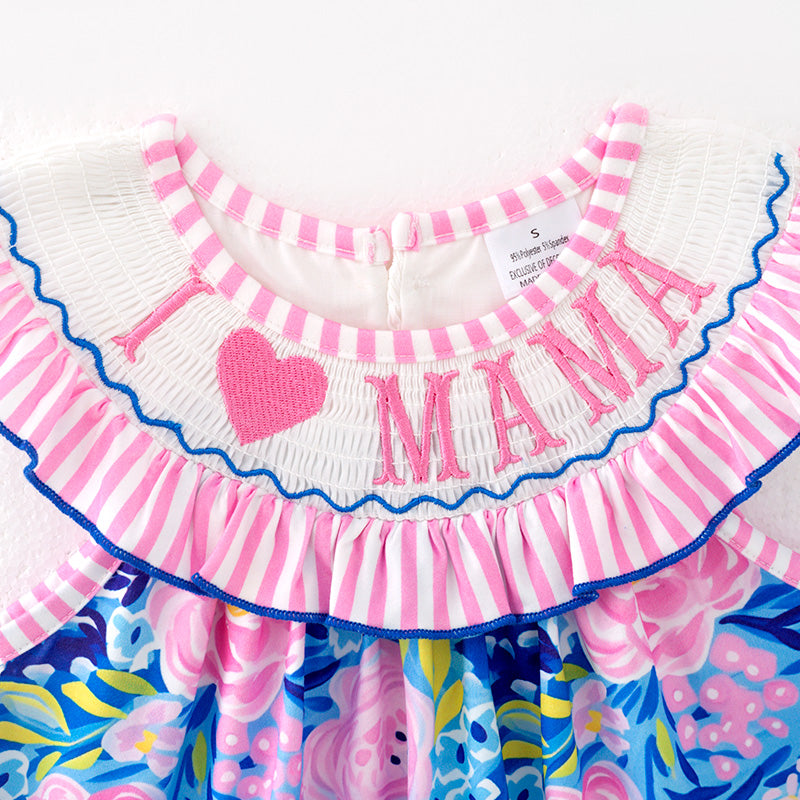 (In Stock)Girls Spring and Summer I ♥ MAMA Embroidery Smocked Dress