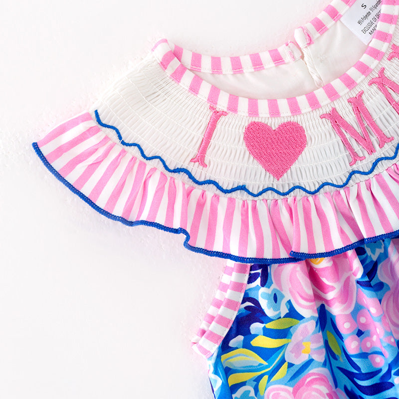 (In Stock)Girls Spring and Summer I ♥ MAMA Embroidery Smocked Dress