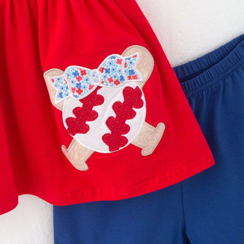 (In Stock)Girls Spring and Summer Baseball Applique Shorts Set
