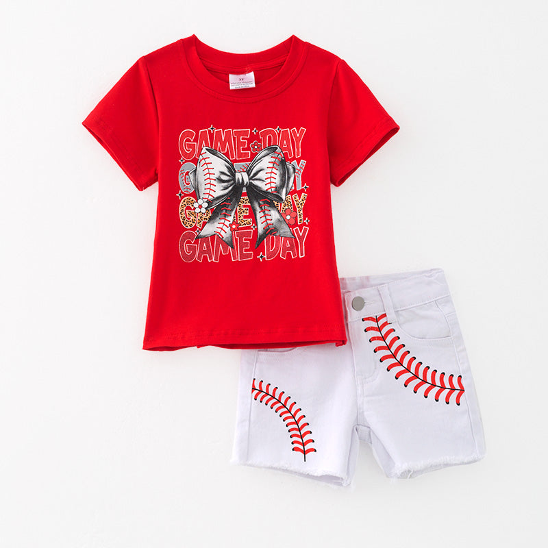 (In Stock)Girls Spring and Summer Baseball Print Denim Set
