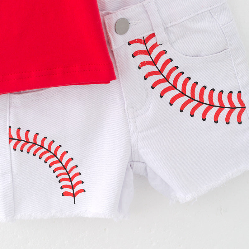 (In Stock)Girls Spring and Summer Baseball Print Denim Set