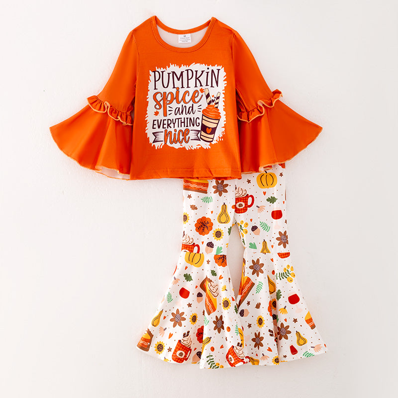 (In Stoc)Girls Thanksgiving Pumpkin Print Outfit Set