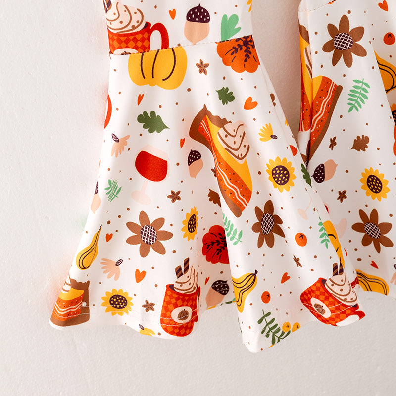 (In Stoc)Girls Thanksgiving Pumpkin Print Outfit Set