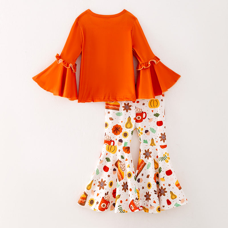 (In Stoc)Girls Thanksgiving Pumpkin Print Outfit Set
