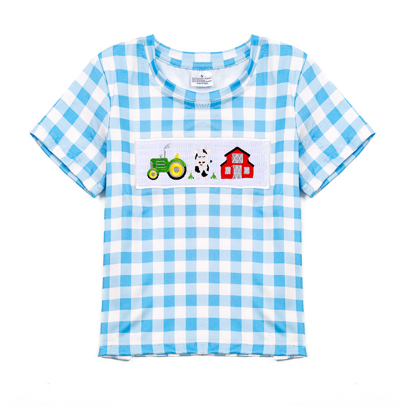 (In Stock)Boy's Farm Embroidered Smocked Plaid Top