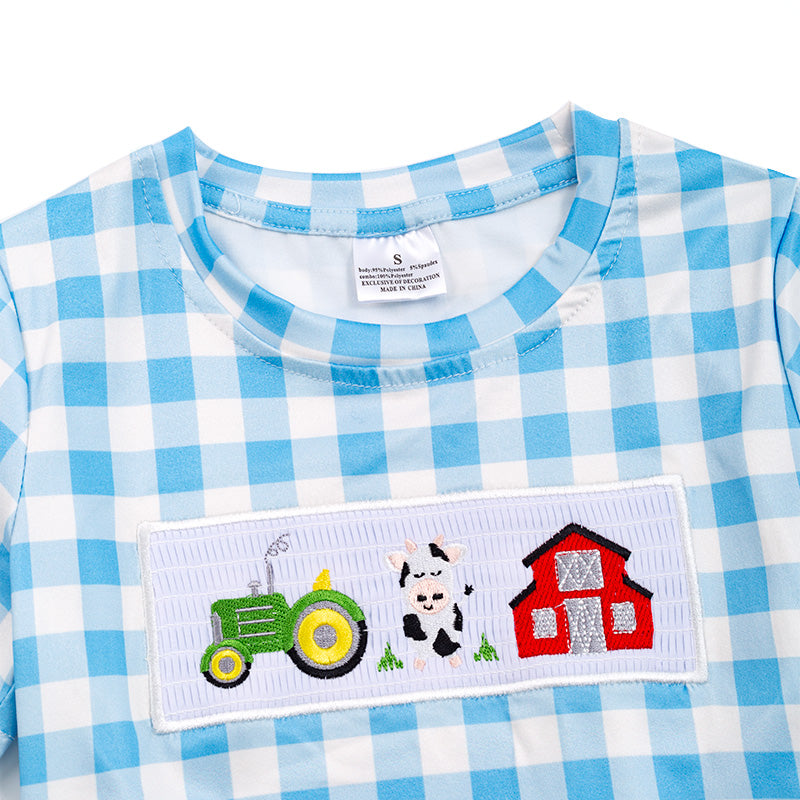 (In Stock)Boy's Farm Embroidered Smocked Plaid Top