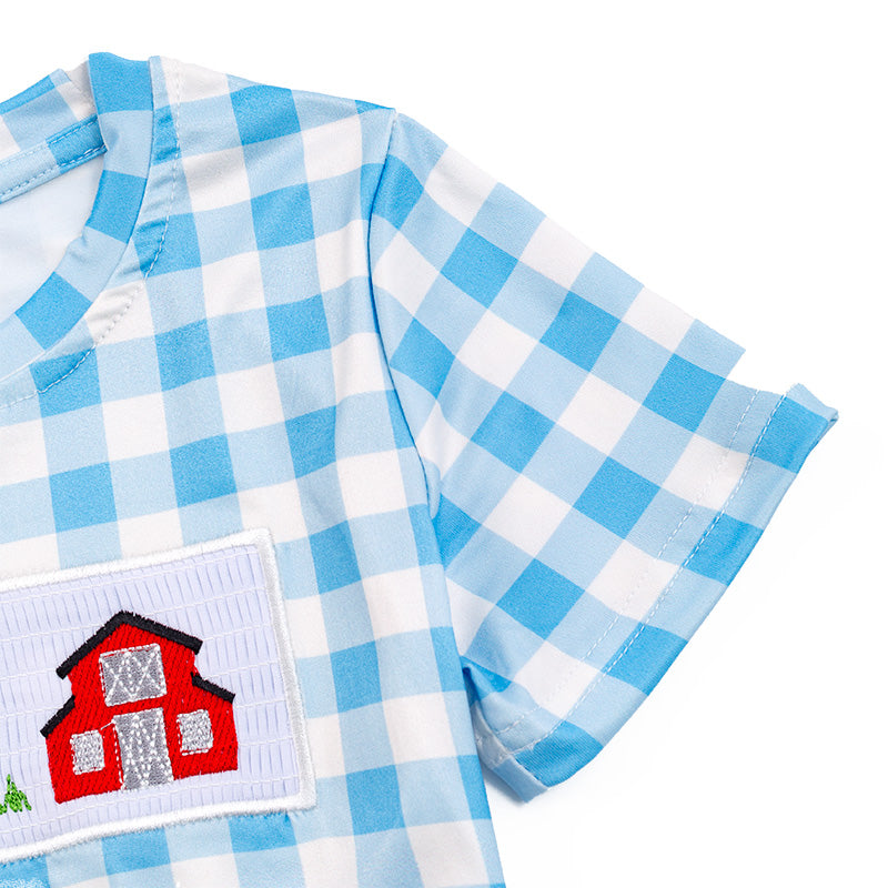 (In Stock)Boy's Farm Embroidered Smocked Plaid Top