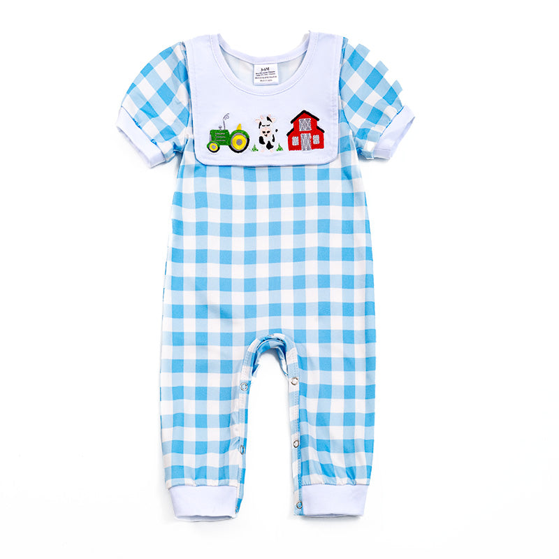 (In Stock)Toddler Boy's Farm Embroidered Smocked Plaid Romper