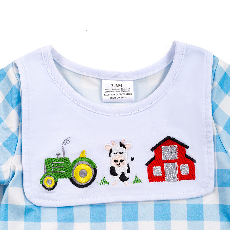 (In Stock)Toddler Boy's Farm Embroidered Smocked Plaid Romper
