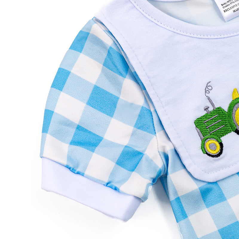 (In Stock)Toddler Boy's Farm Embroidered Smocked Plaid Romper