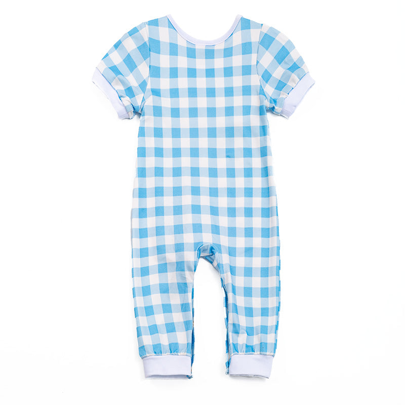 (In Stock)Toddler Boy's Farm Embroidered Smocked Plaid Romper