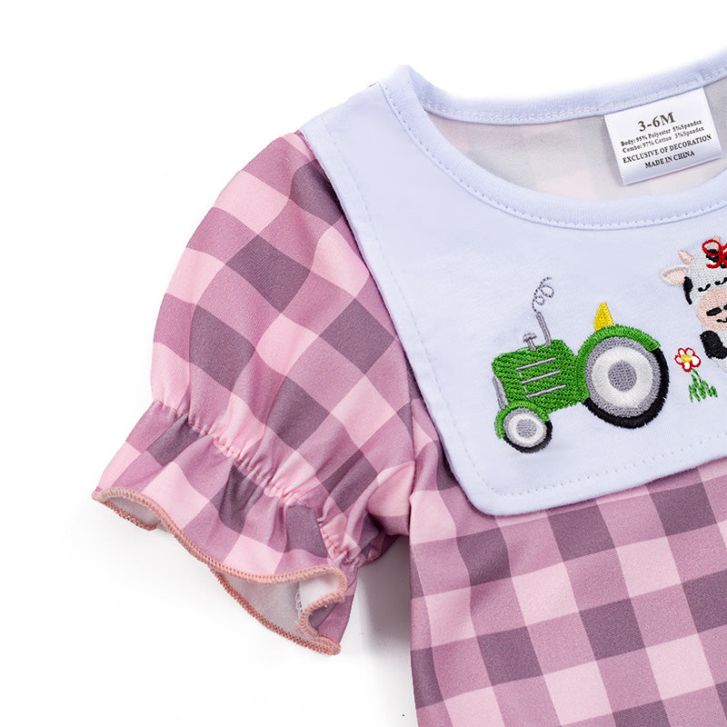 (In Stock)Toddler Girls' Farm Embroidered Checkered Romper