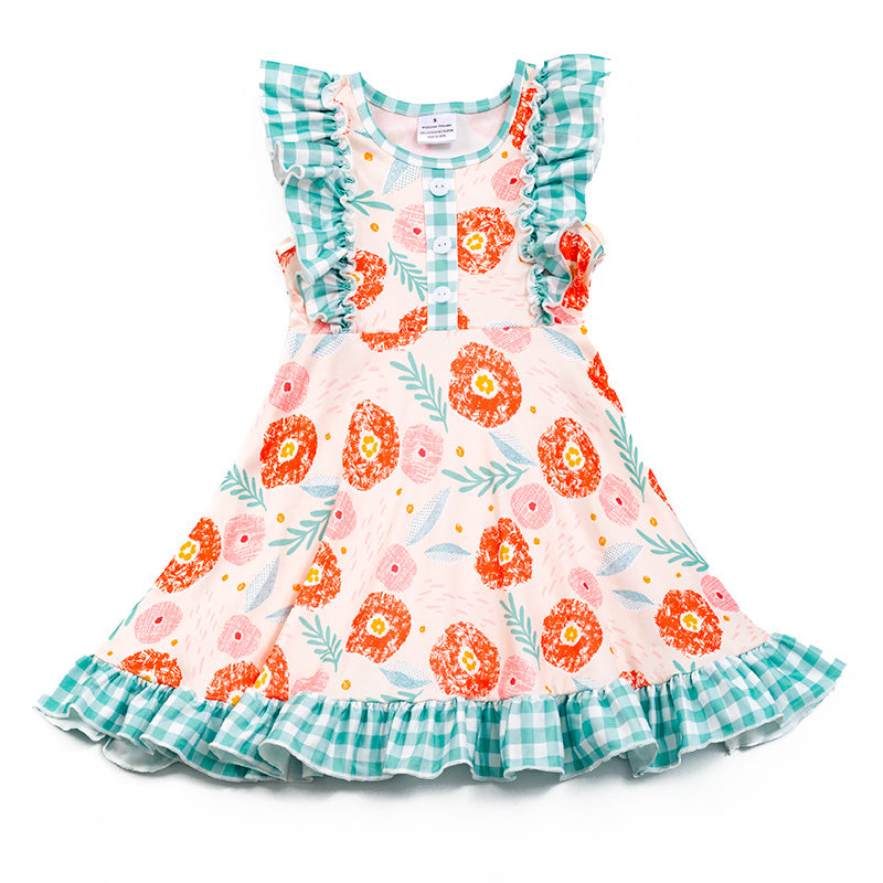 (In Stock E23-5-2)Girls Green Plaid Floral Sleeveless Dress