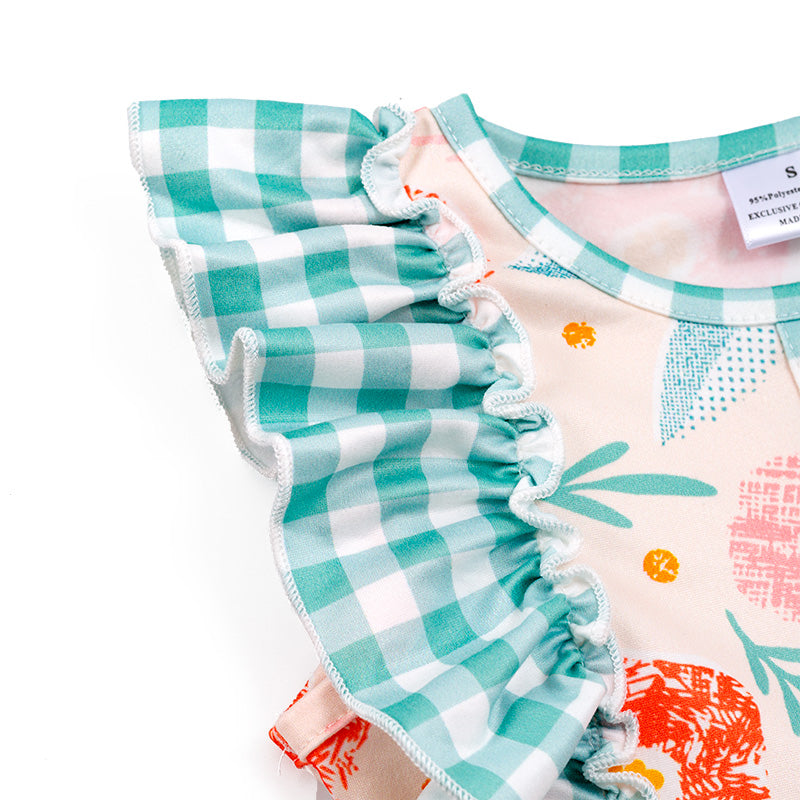 (In Stock E23-5-2)Girls Green Plaid Floral Sleeveless Dress