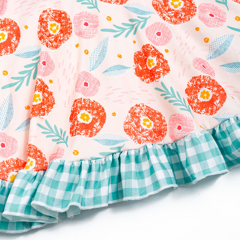 (In Stock E23-5-2)Girls Green Plaid Floral Sleeveless Dress