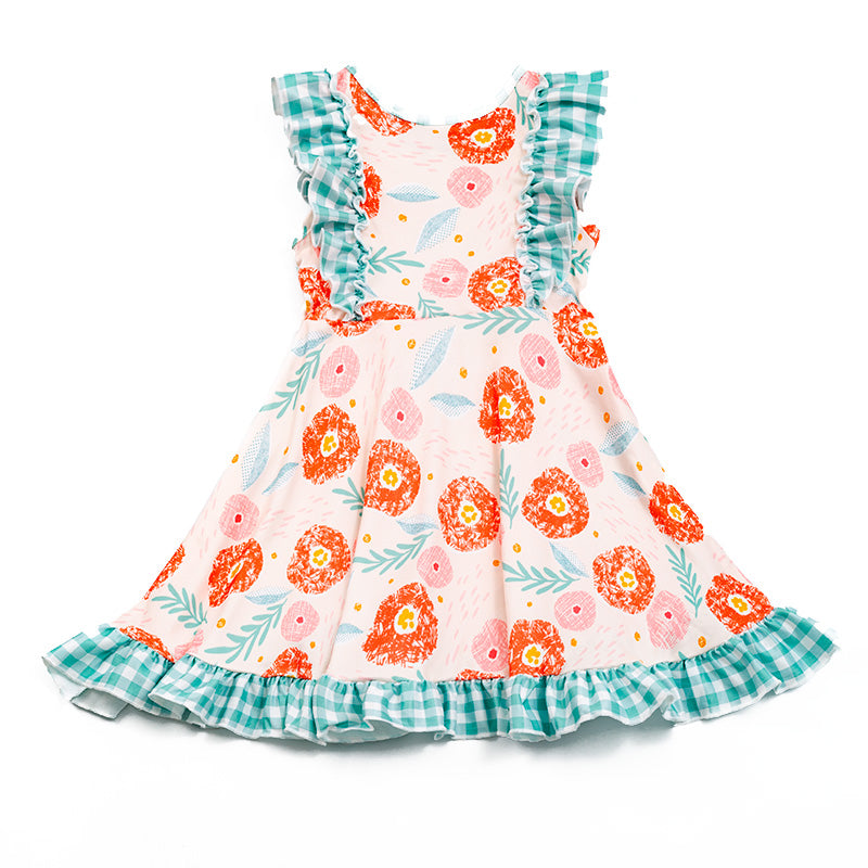 (In Stock E23-5-2)Girls Green Plaid Floral Sleeveless Dress