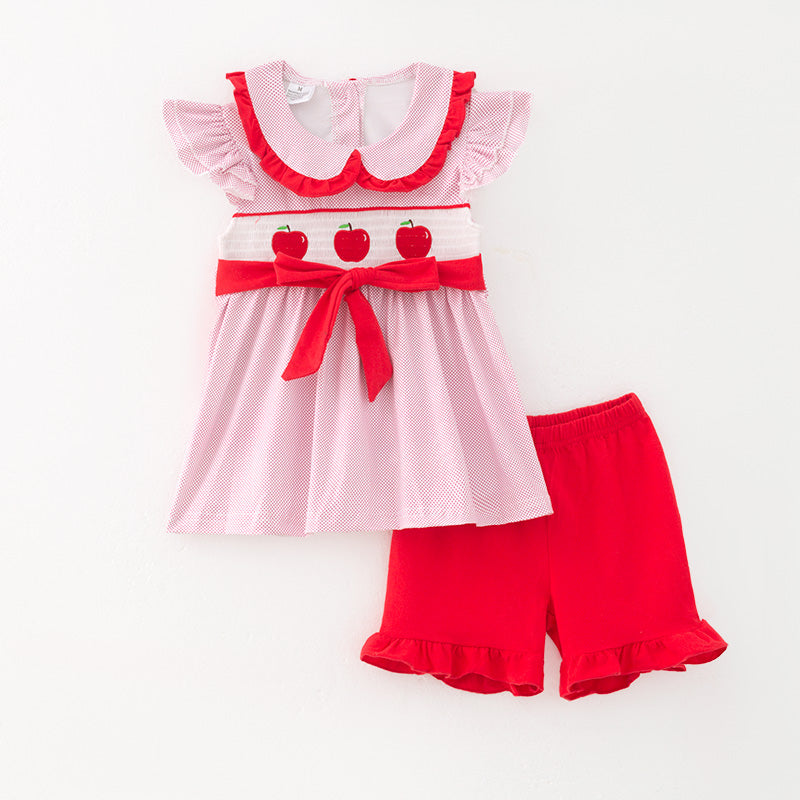 (In Stock)Girls Spring and Summer Apple Embroidery Smocked Shorts Set