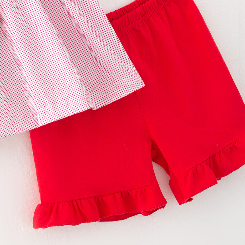 (In Stock)Girls Spring and Summer Apple Embroidery Smocked Shorts Set