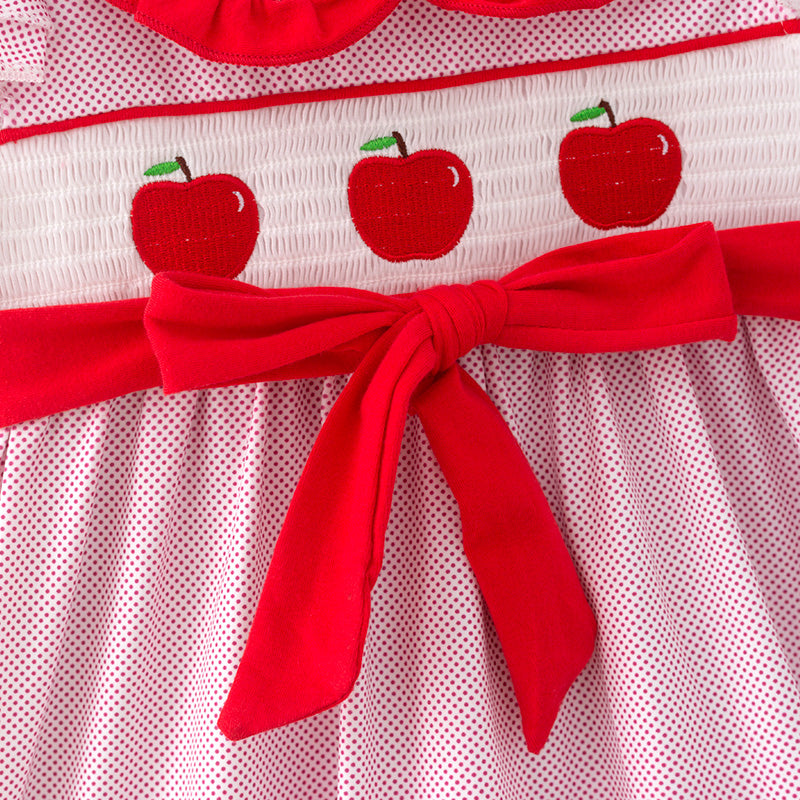 (In Stock)Girls Spring and Summer Apple Embroidery Smocked Shorts Set