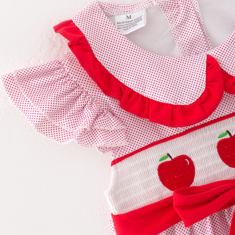 (In Stock)Girls Spring and Summer Apple Embroidery Smocked Shorts Set