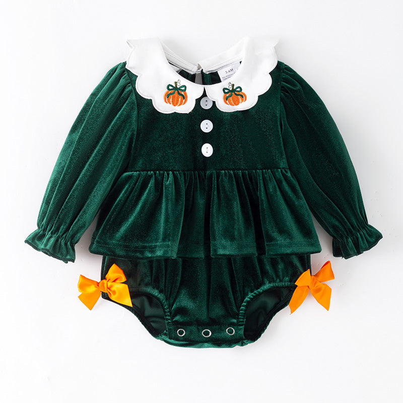 (In Stock)Toddler Girls Halloween Pumpkin Embroidery Dark Green Velvet Romper