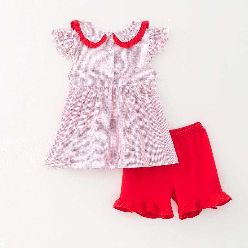 (In Stock)Girls Spring and Summer Apple Embroidery Smocked Shorts Set