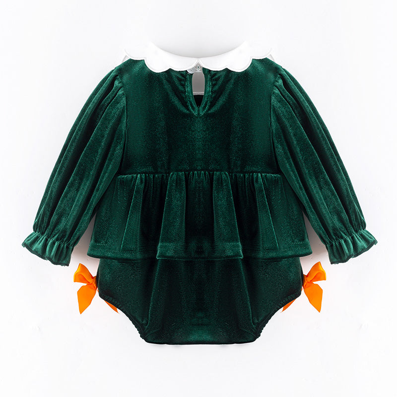 (In Stock)Toddler Girls Halloween Pumpkin Embroidery Dark Green Velvet Romper