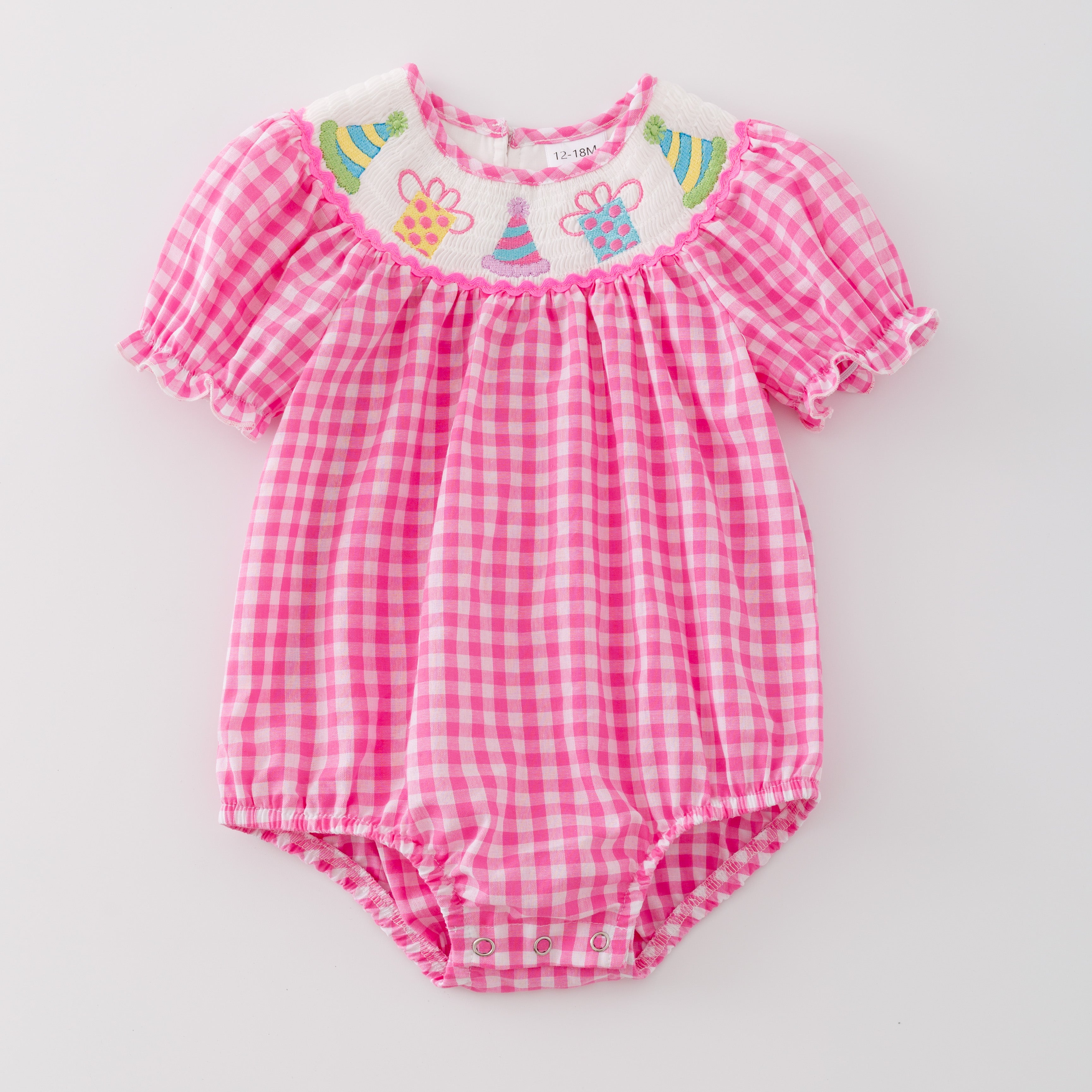 (Pre Order)Baby Girls Pink Plaid Embroidery Bubbles Smocked Romper
