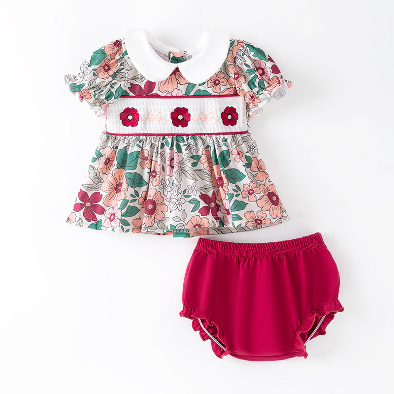 (In Stock)Toddler Girls Fall&Winter Floral Embroidery Smocked Bloomer Set