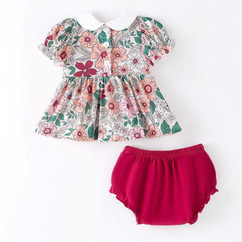 (In Stock)Toddler Girls Fall&Winter Floral Embroidery Smocked Bloomer Set