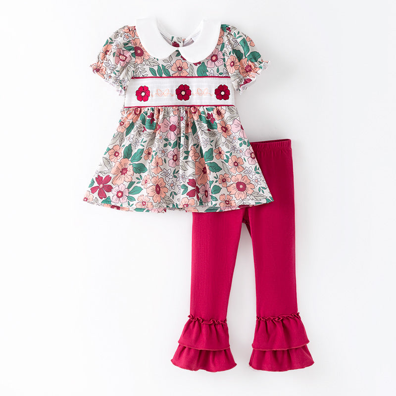 (In Stock)Girls Fall&Winter Floral Embroidery Smocked Outfit Set