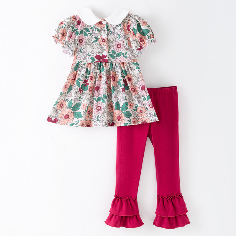 (In Stock)Girls Fall&Winter Floral Embroidery Smocked Outfit Set
