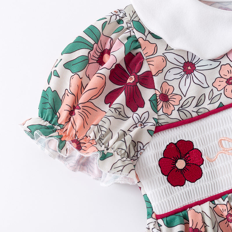 (In Stock)Girls Fall&Winter Floral Embroidery Smocked Dress