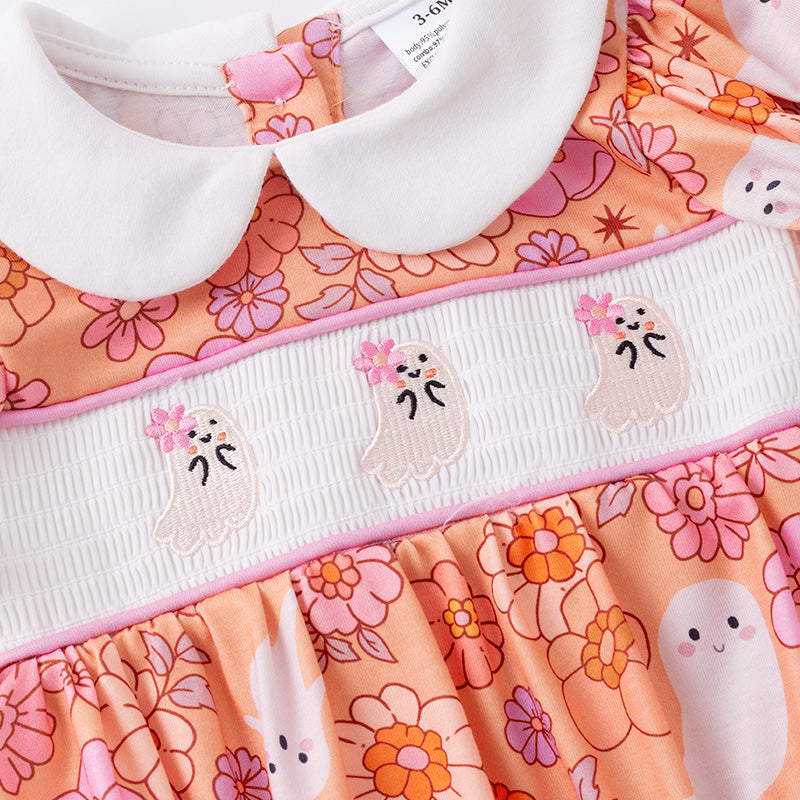 (In Stock)Toddler Girls Halloween Ghost Embroidery Smocked Romper