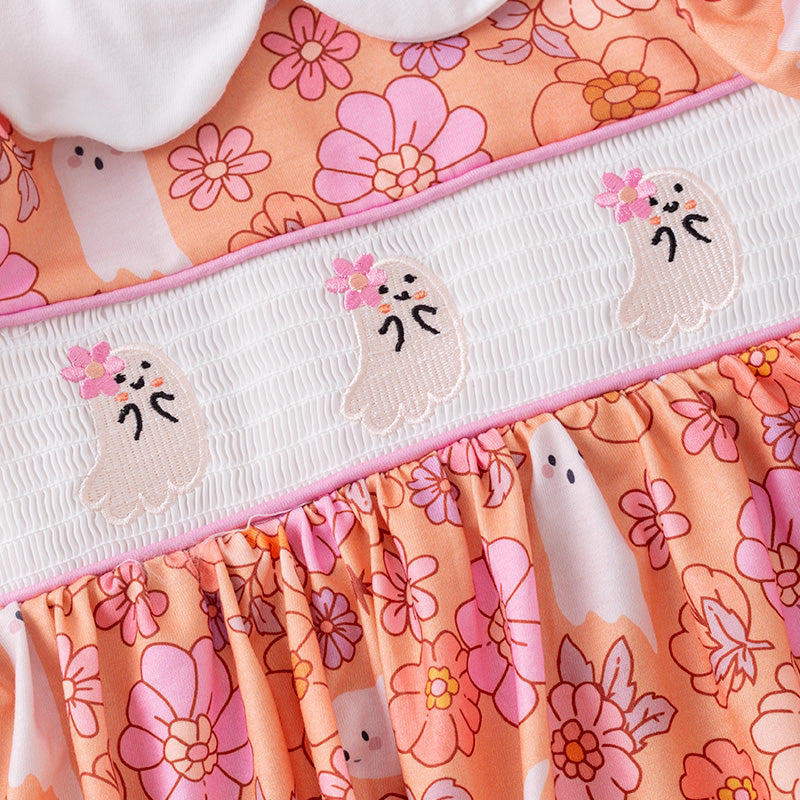 (In Stock)Girls Halloween Ghost Embroidery Smocked Dress