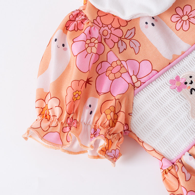 (In Stock)Girls Halloween Ghost Embroidery Smocked Dress
