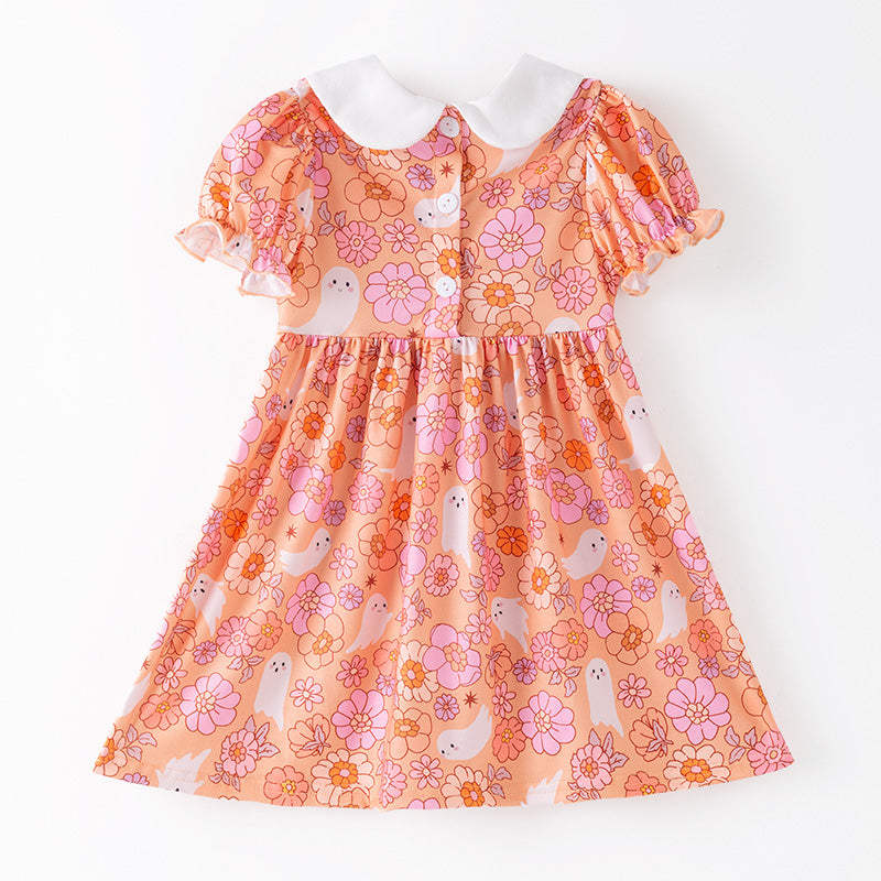 (In Stock)Girls Halloween Ghost Embroidery Smocked Dress
