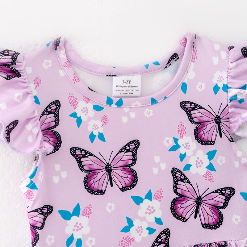 (In Stock)Girls Spring and Summer Floral & Butterfly Print Dress 2PCS